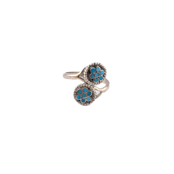 Zuni Flower Turquoise Bypass Ring Semi Adjustable NA Sterling Silver Sz 8.5US ** - Picture 9 of 10